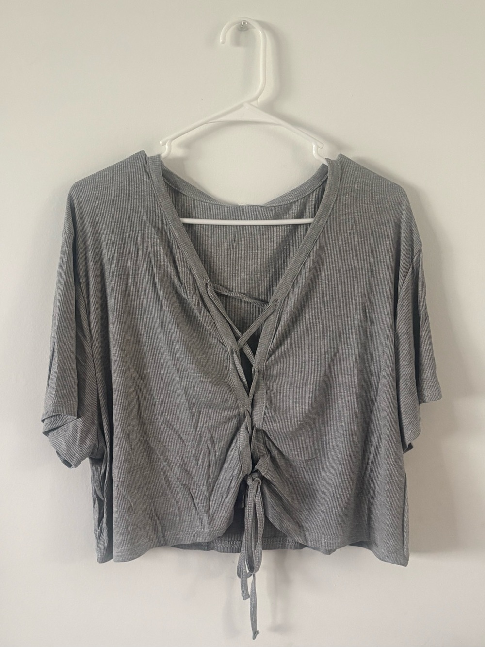 Gray Lace-Up V-Neck Women’s Top